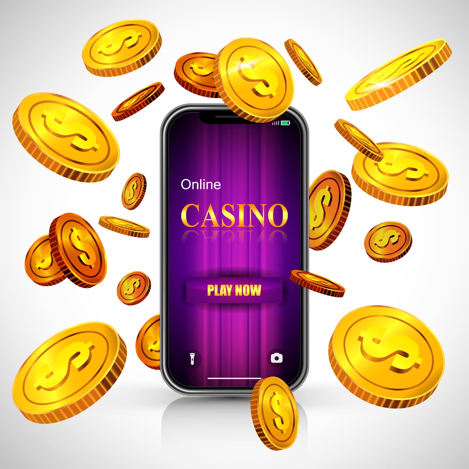 Online casino on mobile phone on white background and coins with dollar sign.
